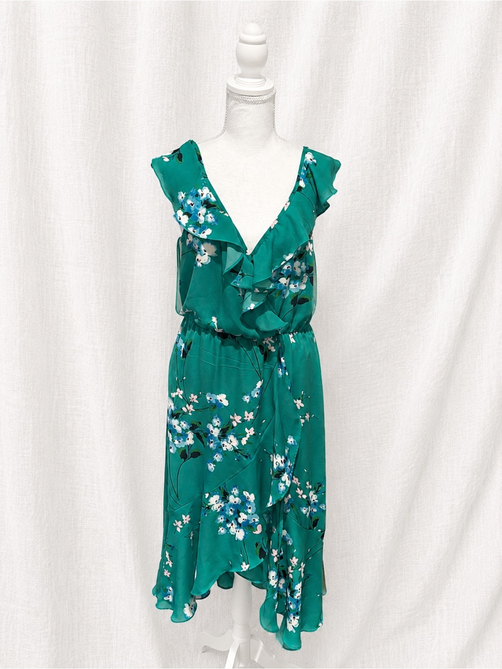 Socialite Emerald Green Floral Ruffle Wrap Midi Dress